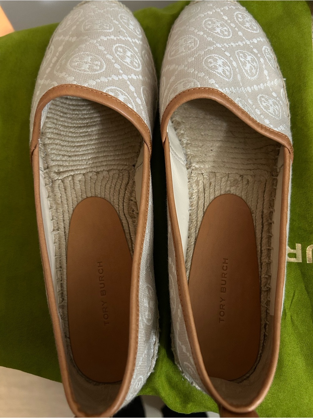 Tory Burch Cream Jacquard Logo Flats with Tan Trim